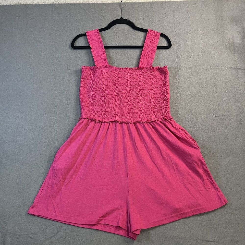 Hot Pink Smocked Tank Shorts Romper Pockets Juniors Size L Beachy